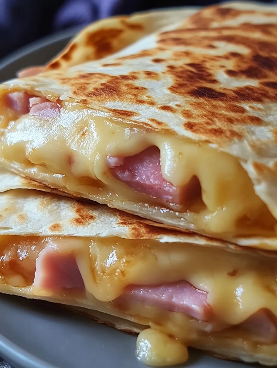 A hot chicken wrap with cheese and ham.