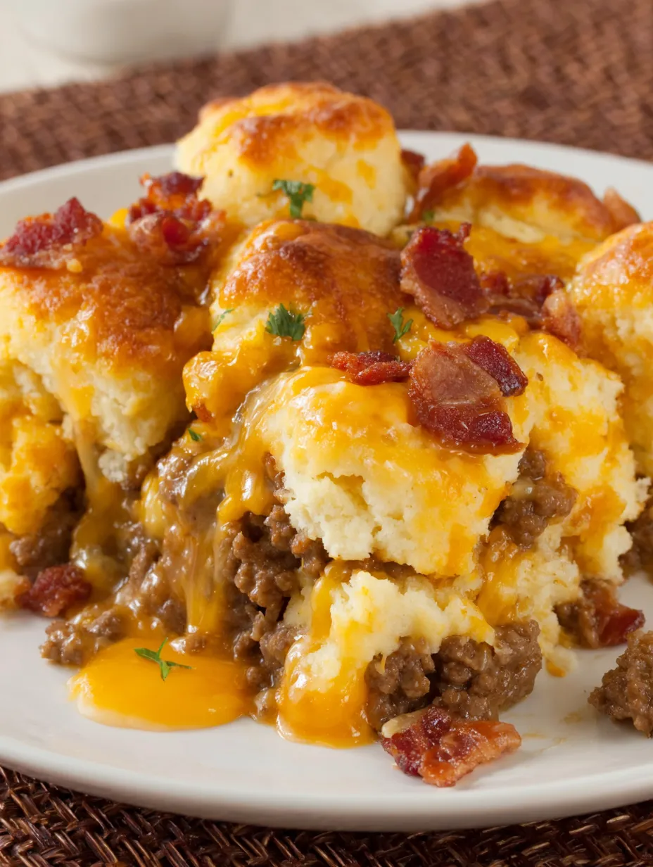 A plate of bacon cheeseburger biscuit bake.