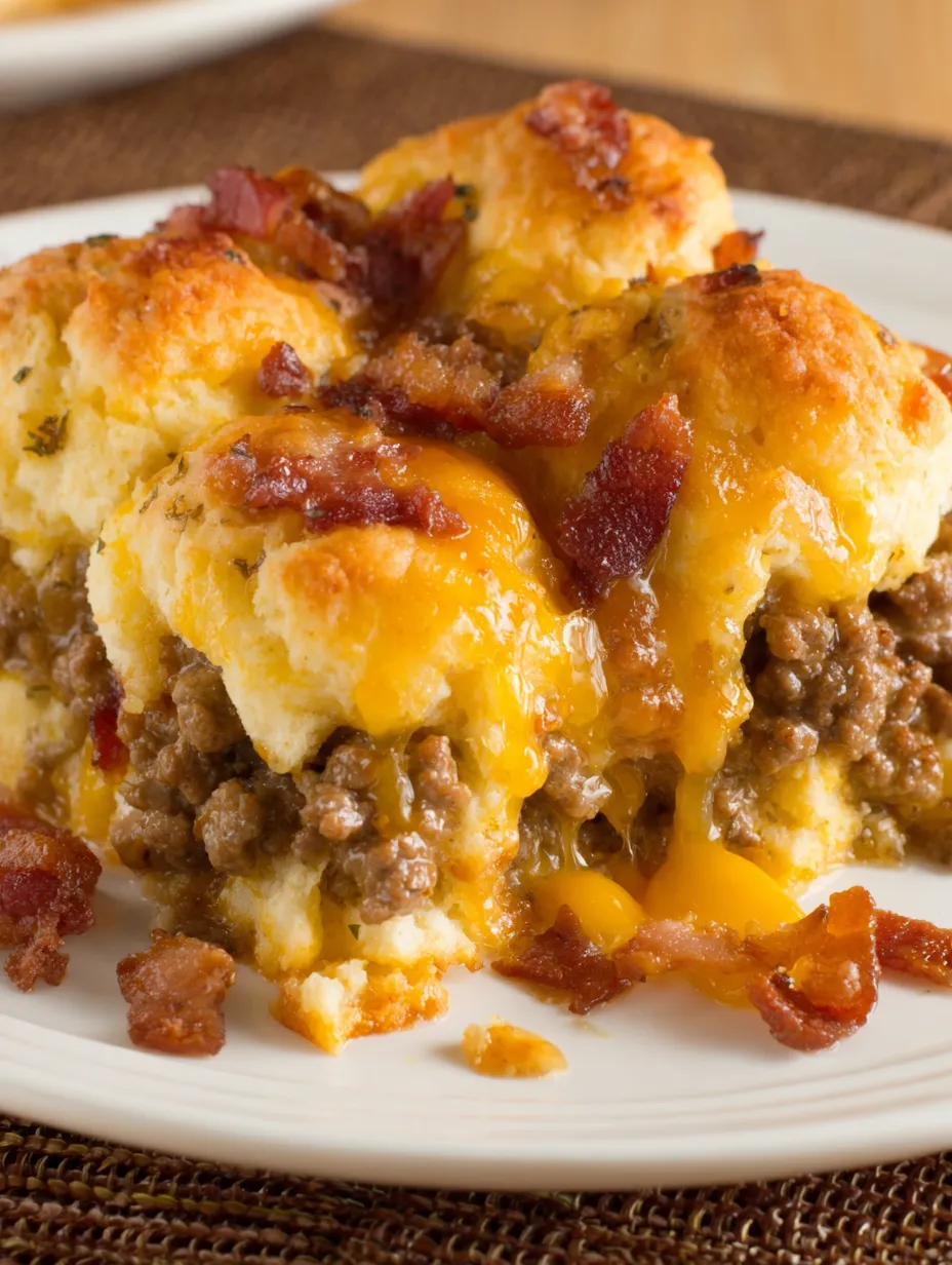 A plate of bacon cheeseburger biscuit bake.