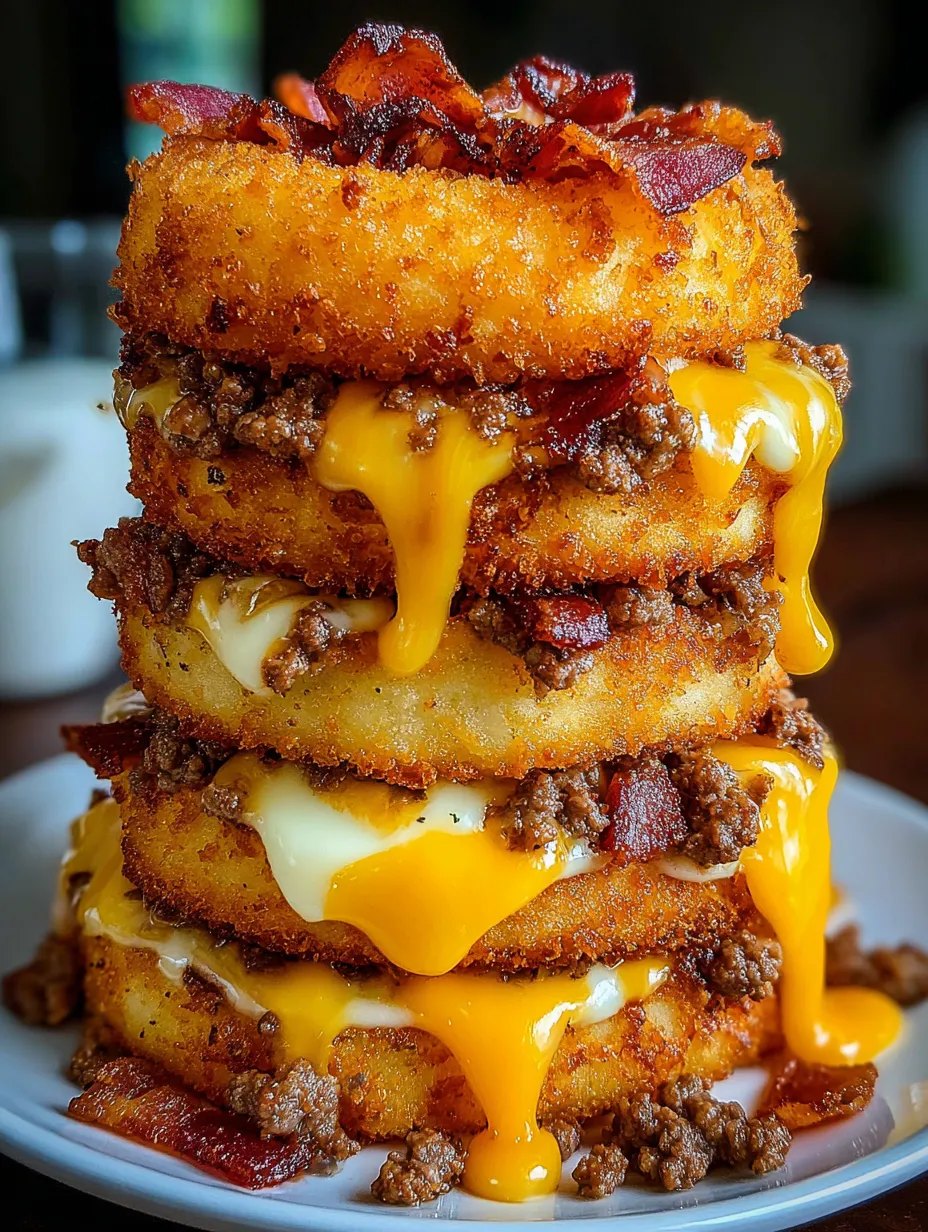 A stack of loaded bacon cheeseburgers and onion rings.
