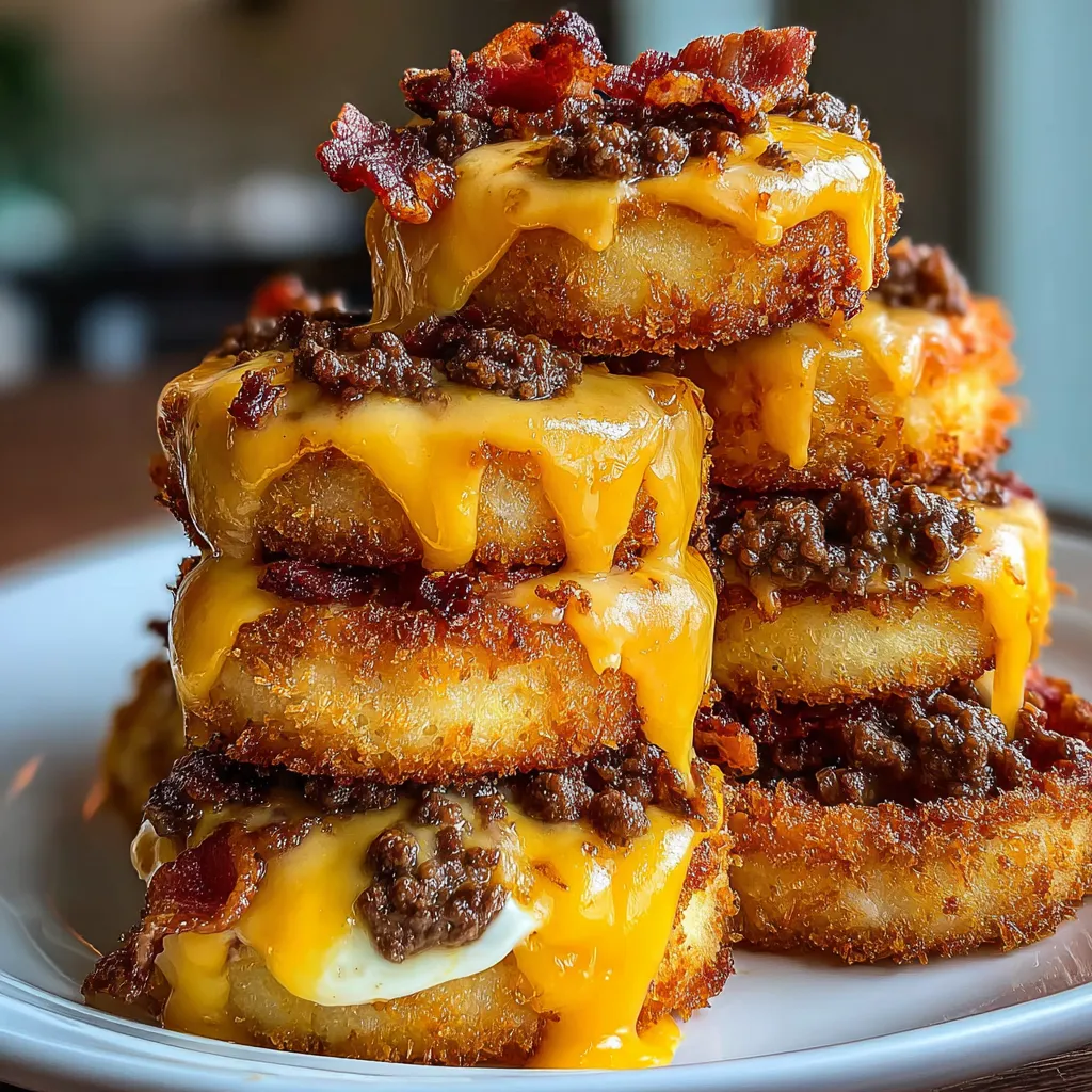 A stack of loaded bacon cheeseburgers and onion rings.