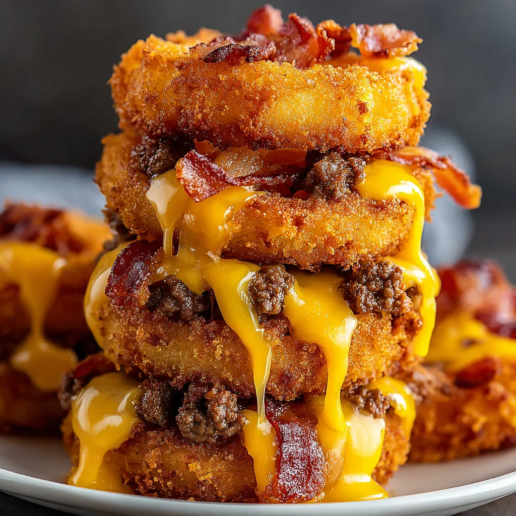 A stack of bacon cheeseburgers and onion rings.
