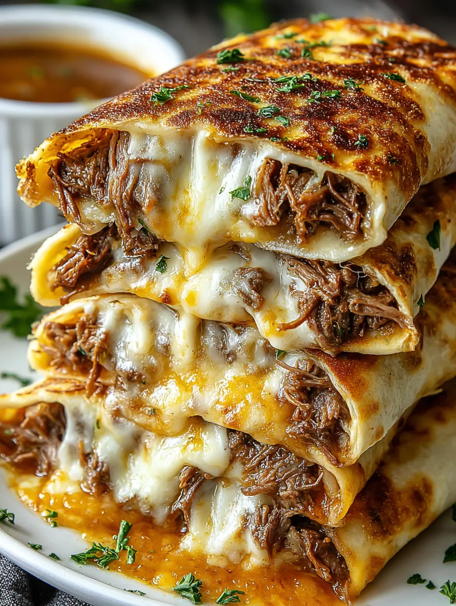 A stack of French dip tortilla roll ups.