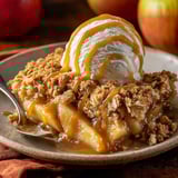 A plate of apple crumble with ice cream on top.