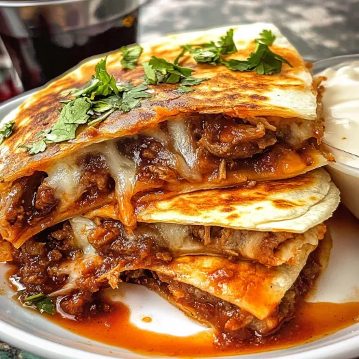 A plate of food with a quesadilla and a side of sour cream.