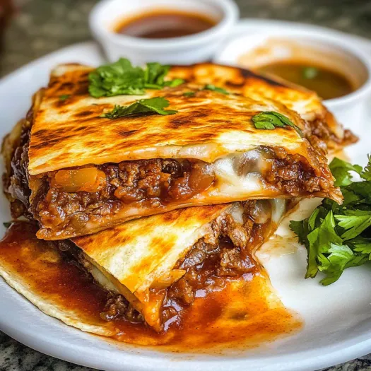 A plate of food with a quesadilla and a bowl of sauce.