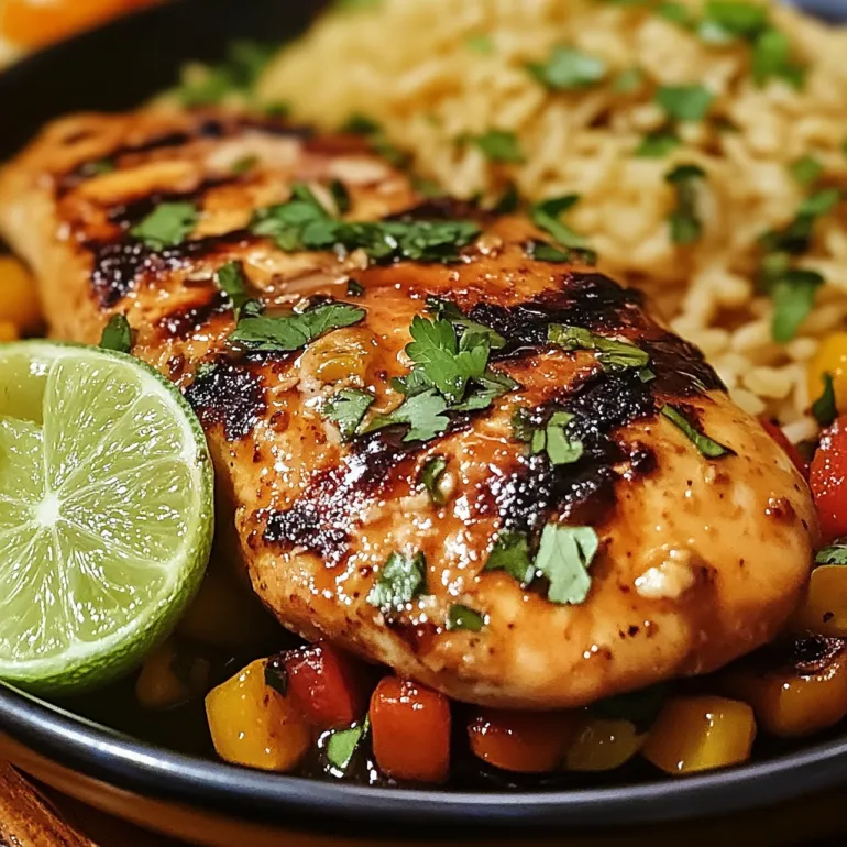 A plate of chicken with rice and lime.