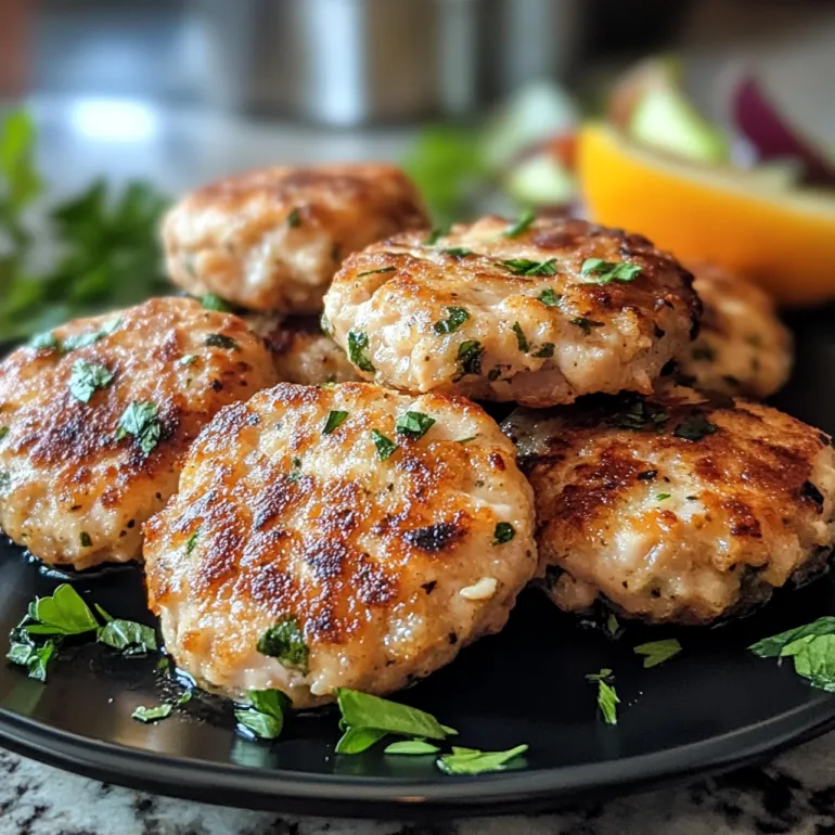 A plate of chicken patties with herbs on top.