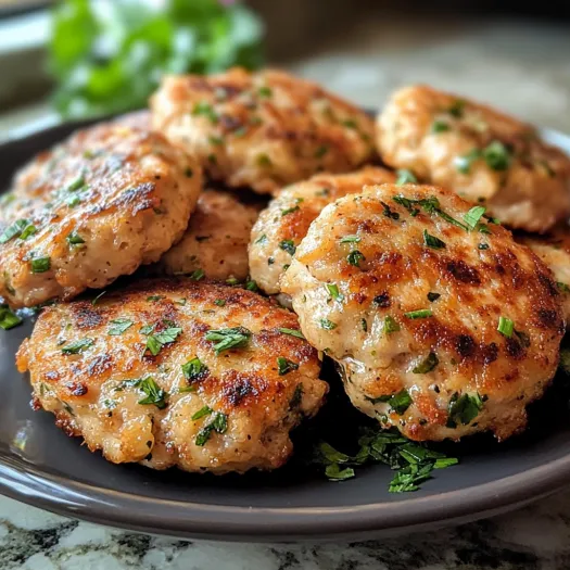 A plate of chicken patties with herbs on top.