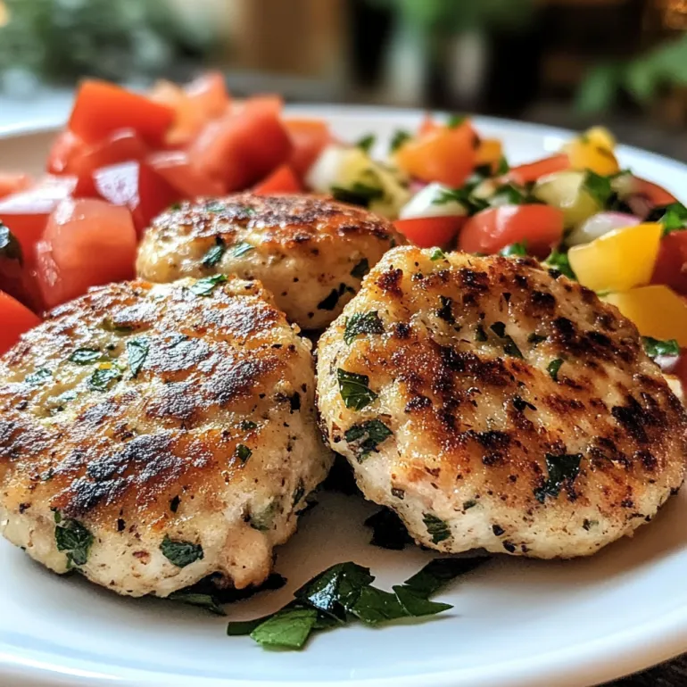 A plate of Mediterranean chicken patties with tomatoes and herbs.