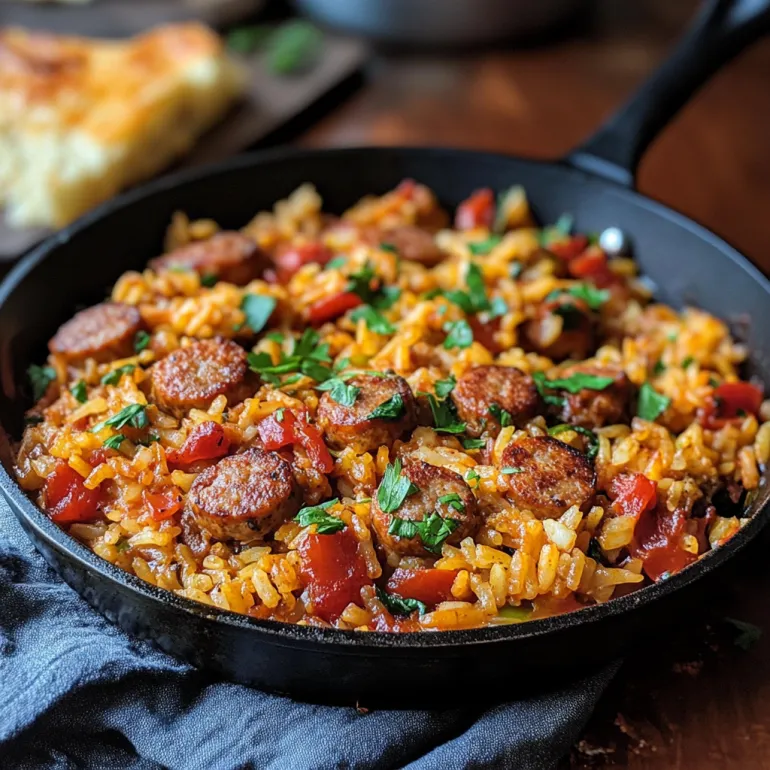A skillet with sausage and rice in it.