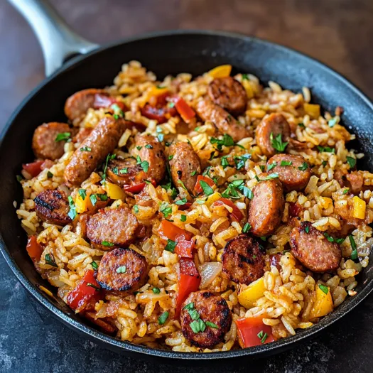 A skillet filled with sausage and rice.