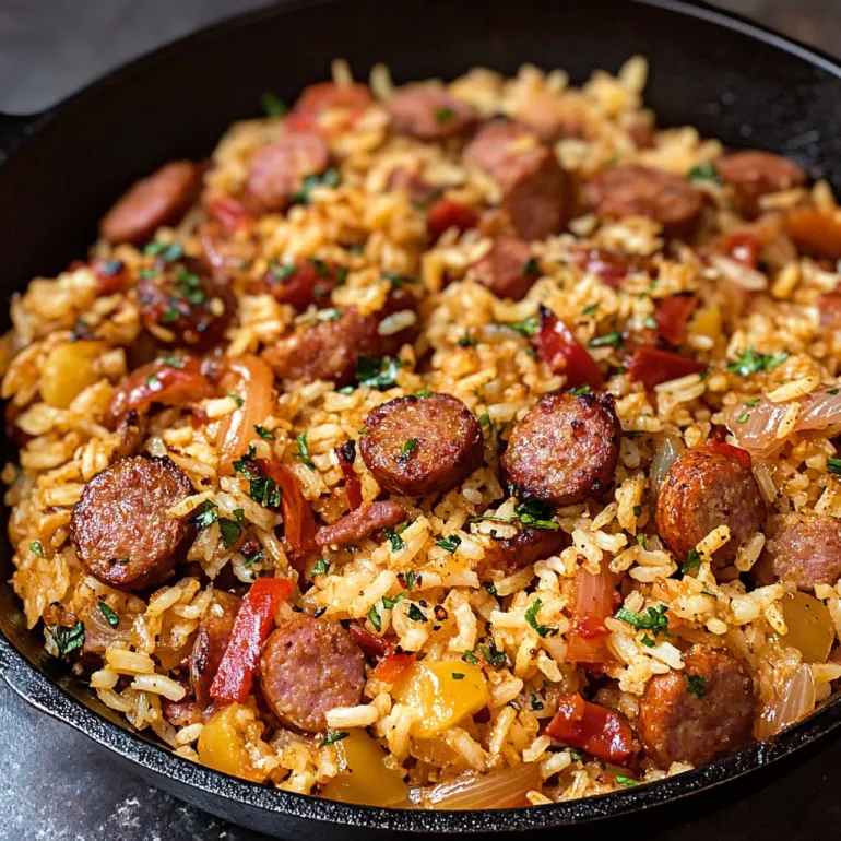 A skillet filled with sausage and rice.