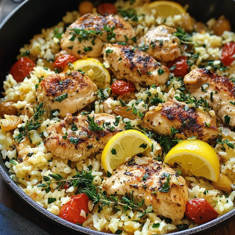 A dish of rice and chicken with lemon slices on top.