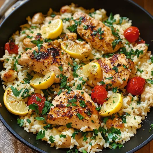 A dish of chicken and rice with lemon and herbs.
