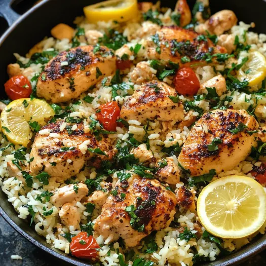 A dish of rice and chicken with lemon slices on top.