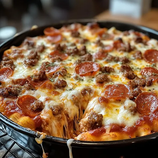 A close up of a meat lovers pizza casserole.