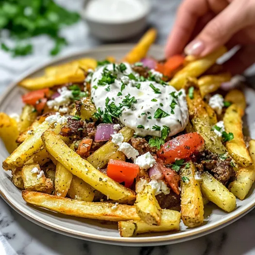 A plate of homemade Greek fries with tomatoes, onions, and feta cheese.