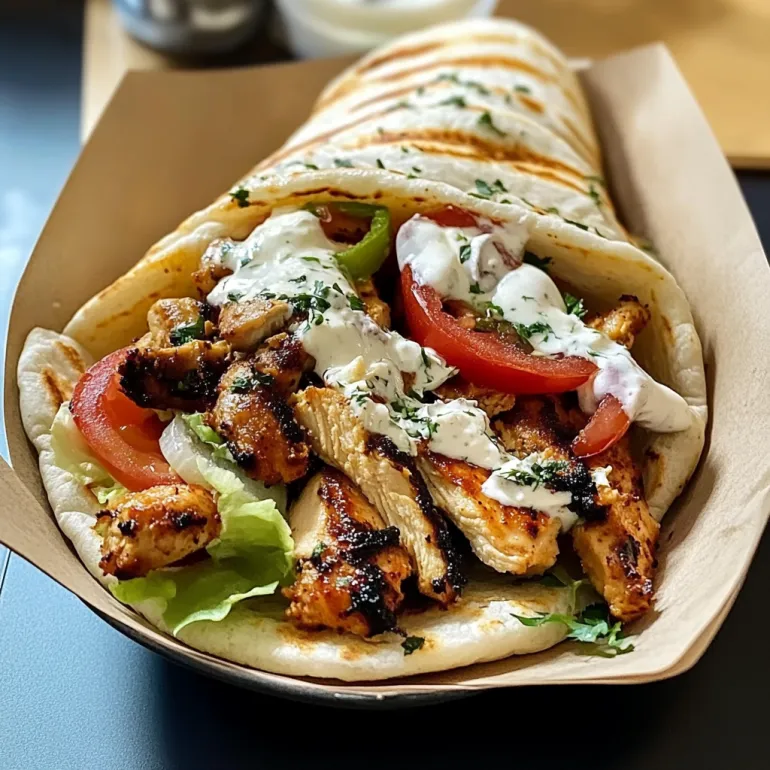 A gyro sandwich with chicken, tomatoes, lettuce, and white sauce.