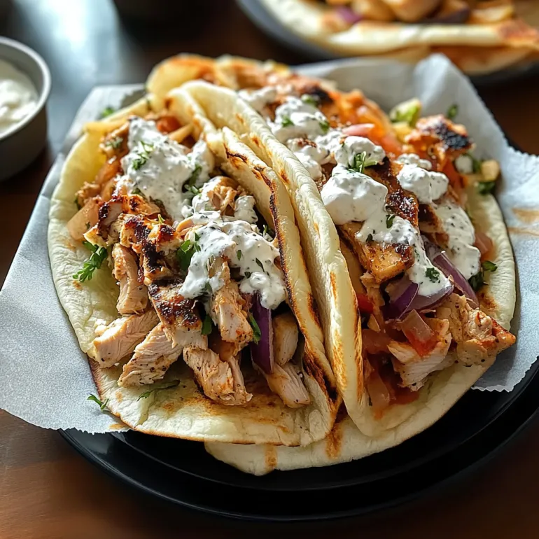 A gyro with chicken and white sauce.