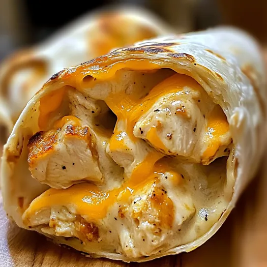 A delicious cheesy garlic chicken wrap.