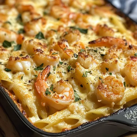 A dish of Shrimp Scampi Pasta Bake.