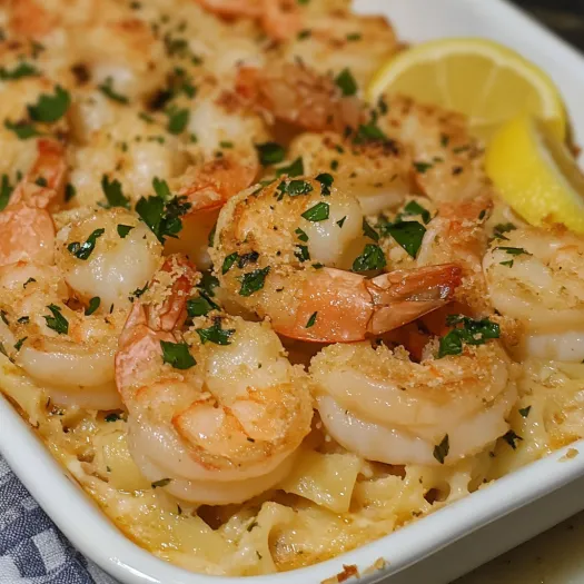 A dish of shrimp scampi pasta bake.