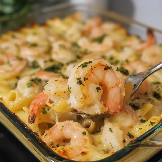A dish of shrimp scampi pasta bake.