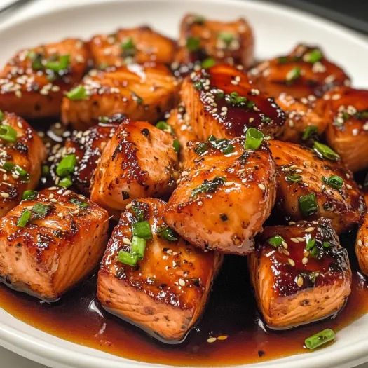 A plate of honey garlic salmon bites.