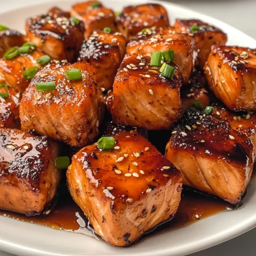 A plate of honey garlic salmon bites.