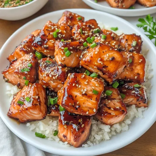 A plate of honey garlic salmon bites.