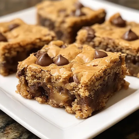 A plate of brownies with chocolate chips.