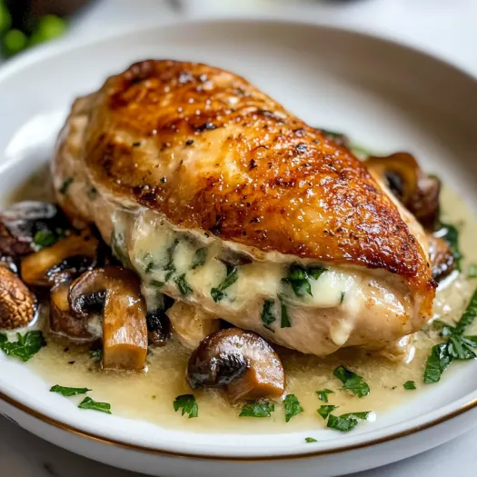 A plate of food with a chicken breast and mushrooms.