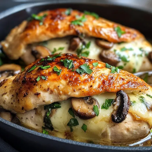 A close up of a chicken breast with mushrooms on top.