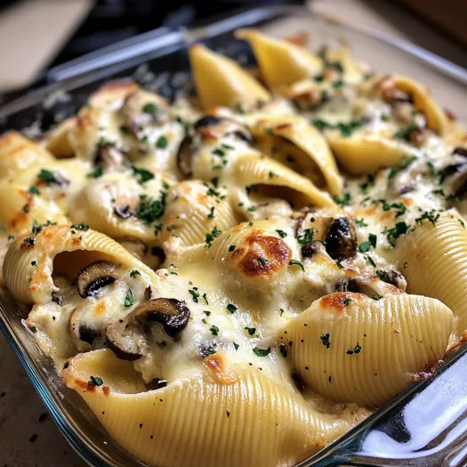 A dish of creamy garlic mushroom stuffed shells.