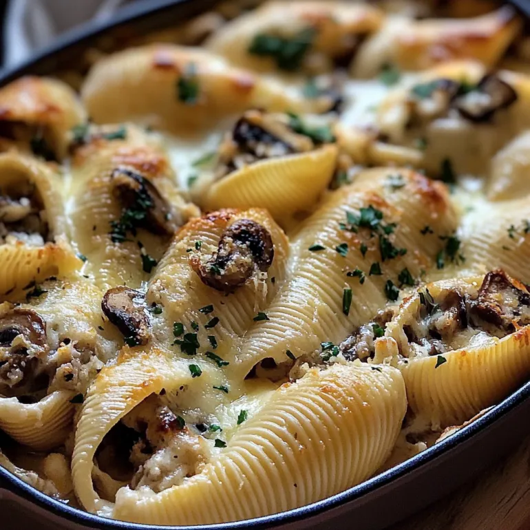 A dish of creamy garlic mushroom stuffed shells.