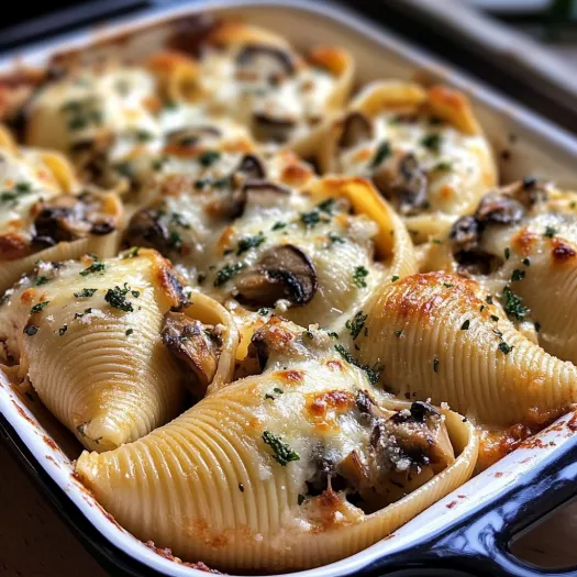 A dish of creamy garlic mushroom stuffed shells.