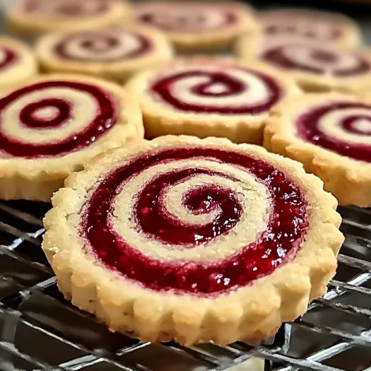 A close up of a raspberry swirl shortbread cookie.