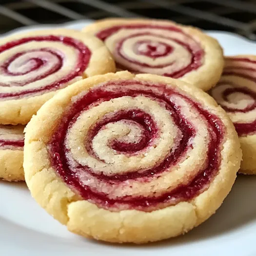 Three cookies with red swirls on them.