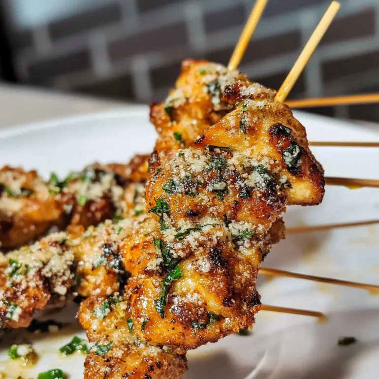 A skewer of garlic parmesan chicken.