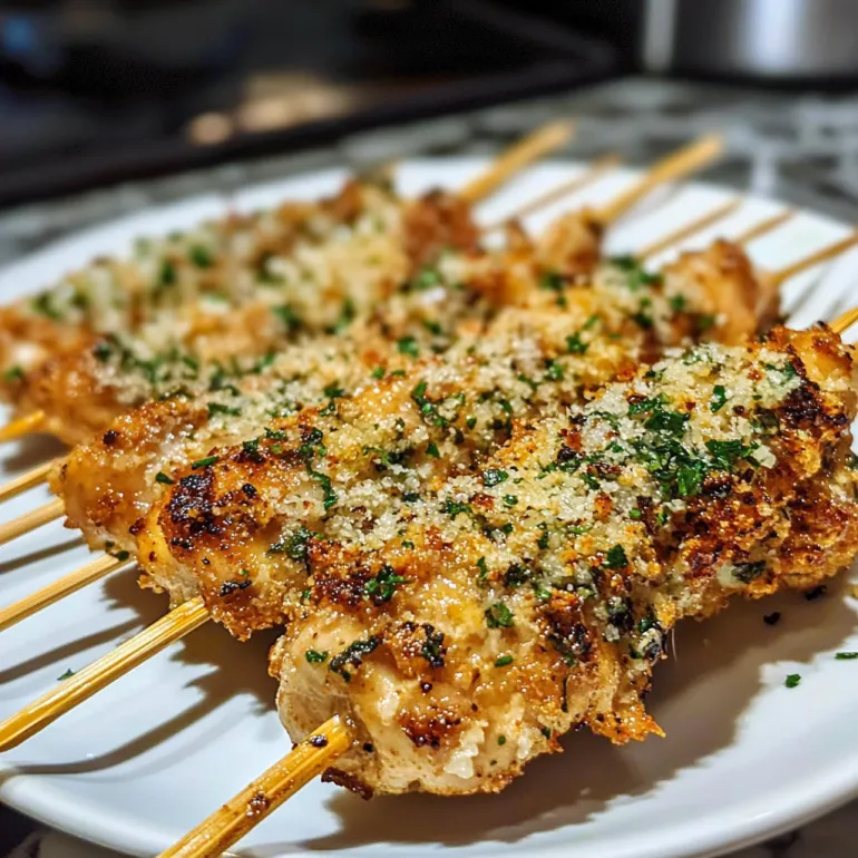 A plate of garlic parmesan chicken skewers.