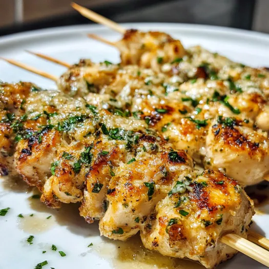 Garlic Parmesan Chicken Skewers on a white plate.