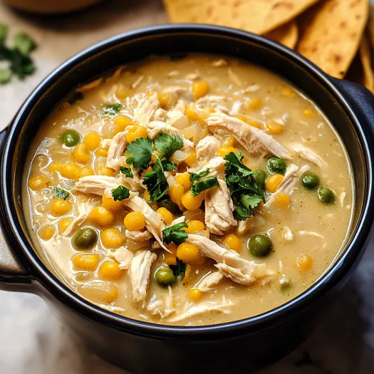 A bowl of soup with chicken and corn.