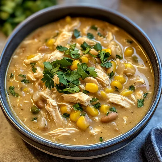 A bowl of soup with chicken and corn.
