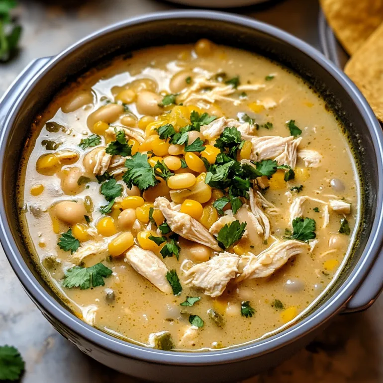 A bowl of soup with chicken and beans.