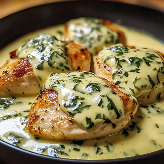 Mozzarella chicken in basil cream sauce.