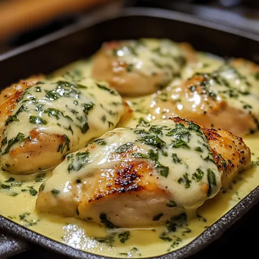 Mozzarella chicken in basil cream sauce.