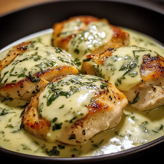 Mozzarella chicken in basil cream sauce.