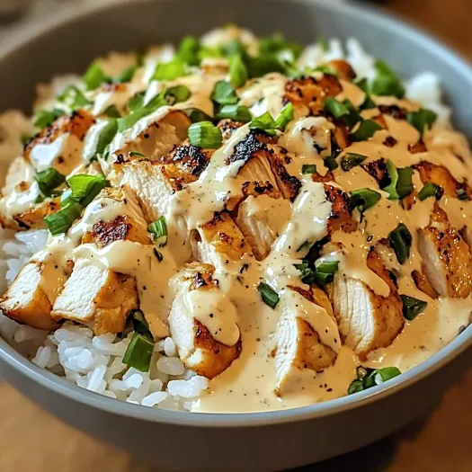 A bowl of rice and chicken with a creamy garlic sauce.
