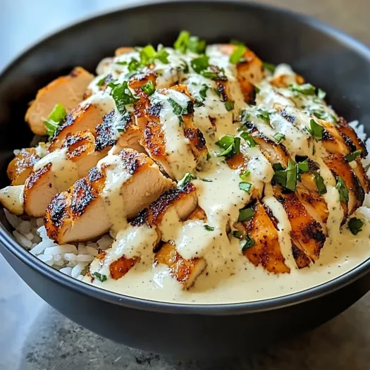 A bowl of chicken and rice with a creamy garlic sauce.